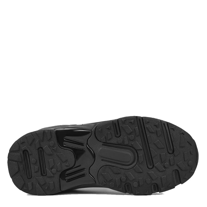 The image shows the bottom view of the Harrison Neo Black School Trainer sole, featuring textured tread, ridges, grooves, and geometric patterns for optimal grip and support—perfect for durable use as a school sports shoe., 51750, 51751, 9361913027661, 9361913027678, 9361913027685, 9361913027692, 51756, 9361913027715, 51758, 51759, 9361913027746