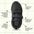 The Harrison Neo Black School Trainer, shown from above on a grid background, features adjustable self-fastening straps, a reinforced toe cap, breathable mesh lining, contoured footbed, and a removable insole for lasting comfort., 51750, 51751, 9361913027661, 9361913027678, 9361913027685, 9361913027692, 51756, 9361913027715, 51758, 51759, 9361913027746