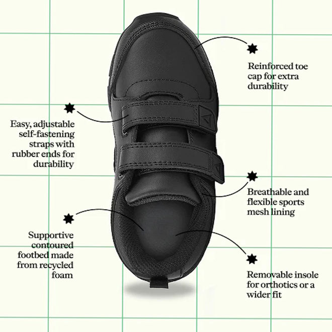 The Harrison Neo Black School Trainer, shown from above on a grid background, features adjustable self-fastening straps, a reinforced toe cap, breathable mesh lining, contoured footbed, and a removable insole for lasting comfort., 51750, 51751, 9361913027661, 9361913027678, 9361913027685, 9361913027692, 51756, 9361913027715, 51758, 51759, 9361913027746