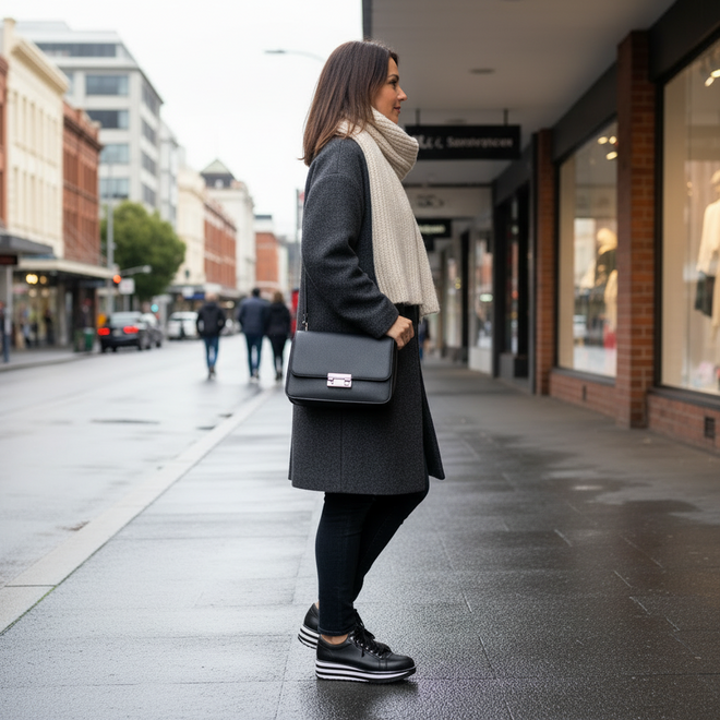 The Alfie & Evie Hosting Womens Leather Shoe Platform Black Silver, featuring black leather, a thick striped platform sole, silver details, and black laces, is displayed on a box with MADE IN CHINA visible in the background., 50827, 50828, 50829, 50830, 50831, 50832, 50833