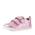 Shiny pink metallic leather sneakers for toddlers featuring two Velcro straps, side perforations, a light-colored sole, and a soft inner lining—the Bobux Iwalk Toddlers Grass Court Pink Metallic Leather Trainer combines playful style with comfort for little feet.