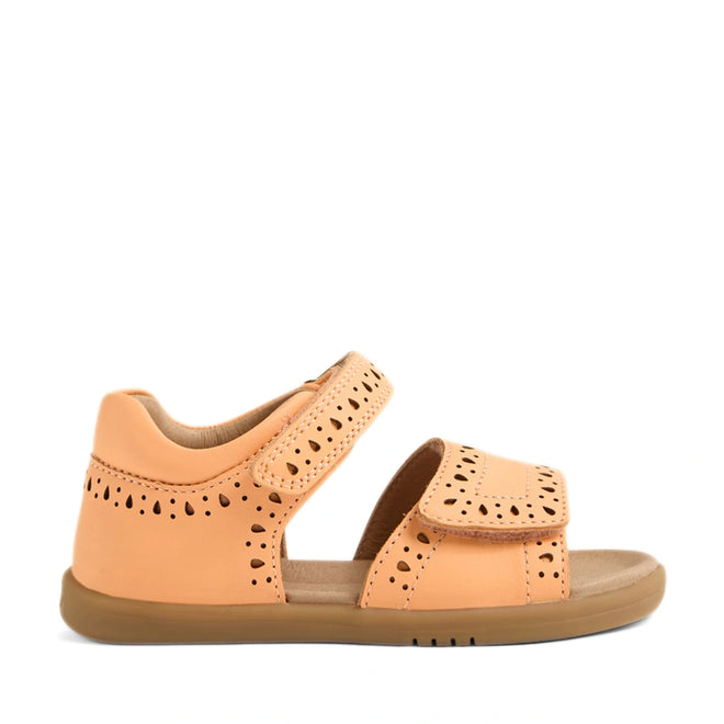 A single Bobux IWalk Logan Toddlers Sandal in Peach Jelly, featuring an open toe, cutout details, two adjustable Velcro straps, and a flat rubber sole, is shown in a side profile on a white background—perfect as stylish sandals for toddler girls.