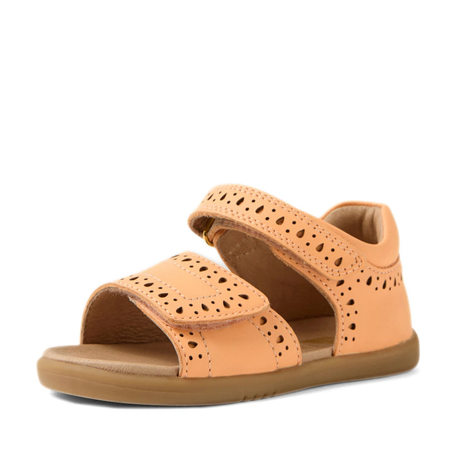 Peach Jelly open-toe sandals for toddlers, designed in the Bobux IWalk Logan style, featuring perforated strap details, velcro closures, and a durable rubber sole—perfect as everyday sandals for toddler girls.