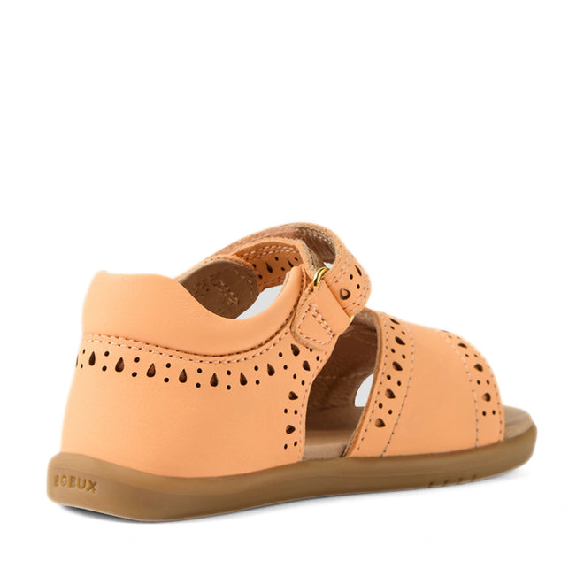 Bobux IWalk Logan Toddlers Sandal in Peach Jelly featuring an open toe, cutout details, ankle strap, and closed heel, shown from the back on a white background.