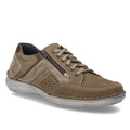 The Josef Seibel New Anvers 87 Men’s Casual Shoe w/ Zip in Beige Sand is a men’s lace-up casual shoe crafted from nubuck leather, featuring a lace-up front, side zipper, perforated detailing, and a white rubber sole. Designed for comfortable walking, the shoe is shown at an angle on a white background.