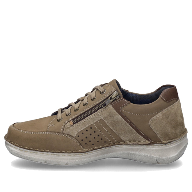 Experience comfort and style with the Josef Seibel New Anvers 87 Men’s Casual Shoe w/Zip in Beige Sand—featuring tan and beige suede and nubuck leather panels, a side zipper, perforated details, lace-up closure, and a white rubber sole for effortless everyday walking.