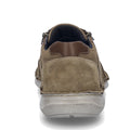 Rear view of the Josef Seibel New Anvers 87 Men’s Casual Shoe with Zip in Beige Sand, featuring brown suede and nubuck leather, visible stitching, and a thick white rubber sole against a white background, highlighting the refined details of these comfortable walking shoes.