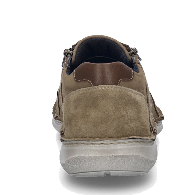 Rear view of the Josef Seibel New Anvers 87 Men’s Casual Shoe with Zip in Beige Sand, featuring brown suede and nubuck leather, visible stitching, and a thick white rubber sole against a white background, highlighting the refined details of these comfortable walking shoes.