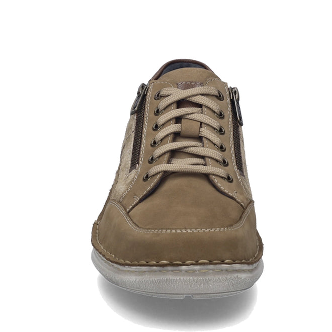 Front view of the Josef Seibel New Anvers 87 Men’s Casual Shoe w/Zip in Beige Sand, featuring tan nubuck leather, light brown laces, convenient side zippers, and a white textured sole designed for comfortable walking, shown against a white background.