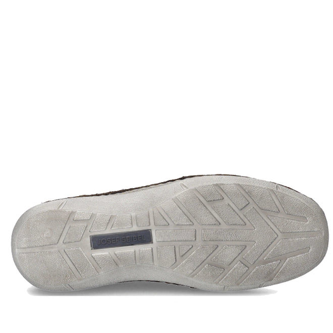 The image shows the gray rubber sole of the Josef Seibel New Anvers 87 Men’s Casual Shoe w/Zip in Beige Sand, featuring a textured, geometric tread pattern and “JOSEF SEIBEL” embossed in a rectangular section near the arch.