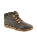 The Josef Seibel Neele 57 Women's Leather Ankle Boot Zip in Wild Kombi Moss Green features premium dark green leather, tan stitching, tan lace hooks, light brown laces, a textured brown sole, and a removable footbed on a white background.
