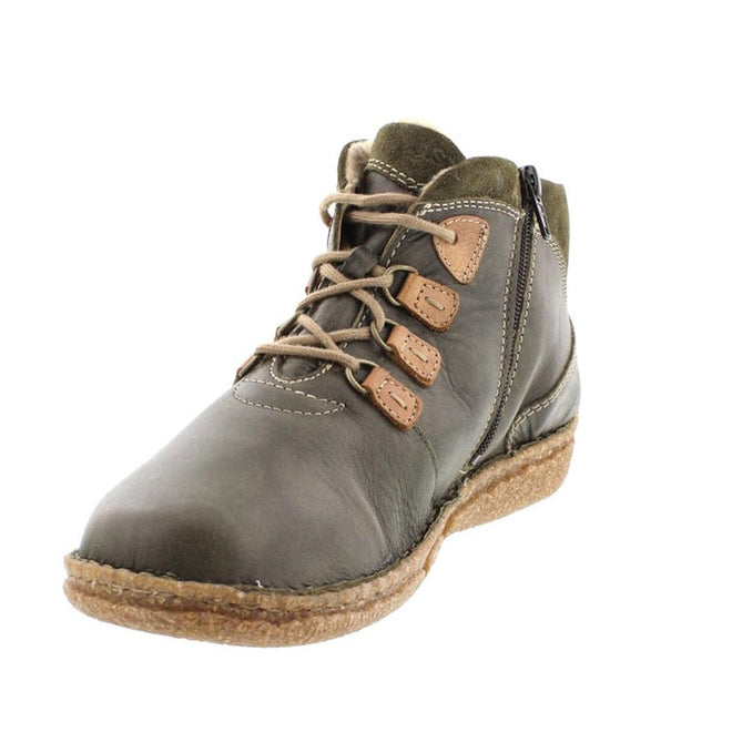 The Josef Seibel Neele 57 Women's Leather Ankle Boot in Wild Kombi Moss Green features olive-green leather, tan laces, three brown lace hooks, a side zipper, visible stitching, removable footbed, and a textured tan rubber sole. Shown on white background., 4062838400250, 4002838400267, 4062838400274, 4062838400281, 4062838400298, 50807