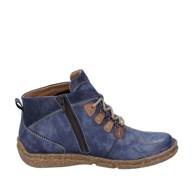 The Josef Seibel Neele 57 Women's Leather Ankle Boot Zip Ocean Blue features blue leather, brown accents, side zipper, light brown laces, and a textured brown sole with a removable footbed—shown from the side on a white background., 4062838400144, 4062838400151, 4062838400168, 50811, 4062838400182, 4062838400199