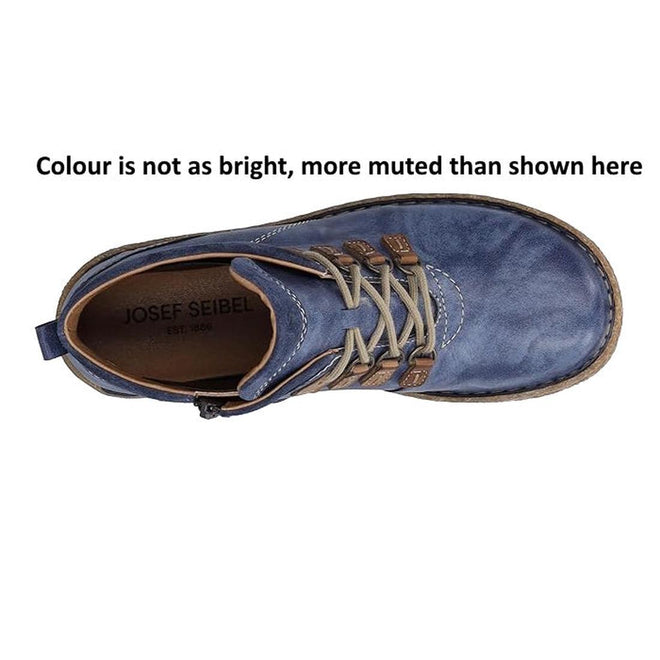 Top view of a Josef Seibel Neele 57 Women's Leather Ankle Boot Zip Ocean Blue with brown laces and stitching. Colour is more muted than shown here. Removable footbed offers added comfort—ideal for everyday wear., 4062838400144, 4062838400151, 4062838400168, 50811, 4062838400182, 4062838400199