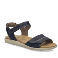 Introducing the Josef Seibel Juliet 03 Womens Leather Comfort Sandal in black, featuring a beige sole, open toe design, two adjustable straps with white stitching details, and a cushioned footbed crafted from soft leather—making it an ideal choice for women seeking stylish and comfortable sandals.