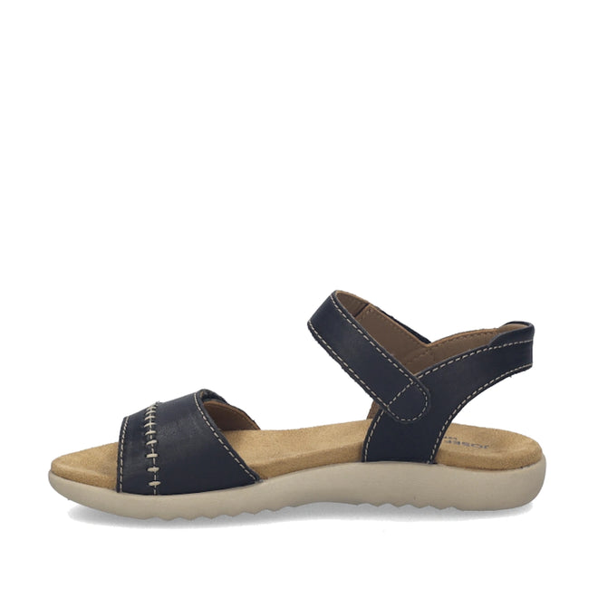Josef Seibel Juliet 03 Women’s Leather Comfort Sandal in black, expertly crafted from soft leather with a beige sole. This open-toe and open-heel sandal features white stitching and an adjustable ankle strap, combining timeless style with everyday comfort., 4070372008955, 4070372008962, 4070372008979, 4070372008986, 4070372008993, 53162