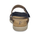 A back view of the Josef Seibel Juliet 03 Women’s Leather Comfort Sandal in Black displays soft black leather straps with white stitching, a tan cushioned insole, and a light beige sole—presented on a white background, this elegant sandal makes a stylish addition to any women’s footwear collection., 4070372008955, 4070372008962, 4070372008979, 4070372008986, 4070372008993, 53162