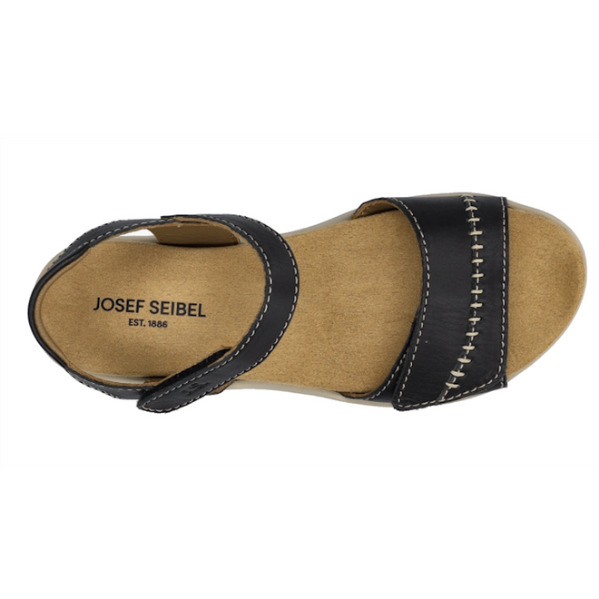 The Josef Seibel Juliet 03 Women’s Leather Comfort Sandal in black features visible white stitching, a tan footbed, and an ankle strap. Crafted from soft leather, this sandal has an insole stamped with “JOSEF SEIBEL EST. 1886.”., 4070372008955, 4070372008962, 4070372008979, 4070372008986, 4070372008993, 53162