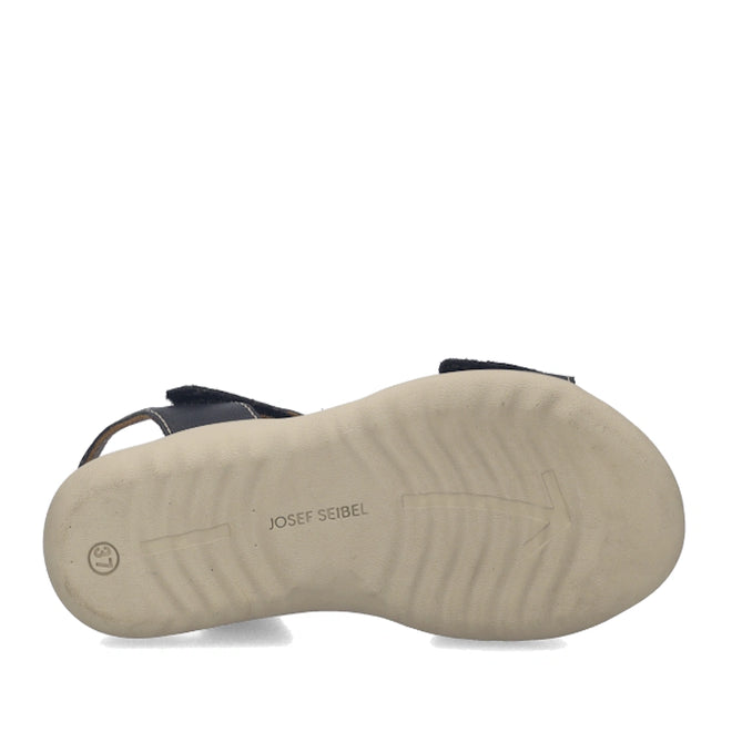 Black leather upper strap of the Josef Seibel Juliet 03 Women’s Leather Comfort Sandal, featuring a beige rubber sole with visible tread patterns, the JOSEF SEIBEL logo printed in the center, and a smiley face logo on the heel., 4070372008955, 4070372008962, 4070372008979, 4070372008986, 4070372008993, 53162