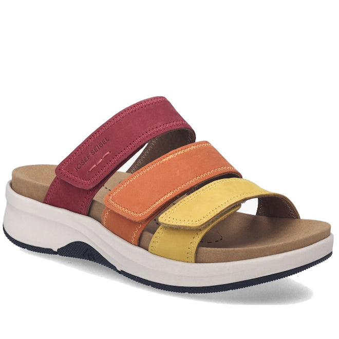 Introducing the Josef Seibel Estelle 11 Womens 3 Strap Leather Slide in Amber Multi, a stylish sandal featuring three Velcro straps in vibrant shades of red, orange, and yellow. Crafted from soft nubuck leather for enhanced comfort, this design also includes a cushioned tan footbed and a white sole with distinctive black tread for practicality and modern appeal.