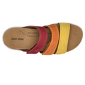 The Josef Seibel Estelle 11 Womens 3 Strap Leather Slide in Amber Multi features three nubuck leather straps in red, orange, and yellow, a tan footbed with the JOSEF SEIBEL logo, and built-in arch support—delivering vibrant comfort and style perfect for sunny days., 4062838995039, 4062838995046, 4062838995053, 4062838995060, 4062838995077, 4062838995084