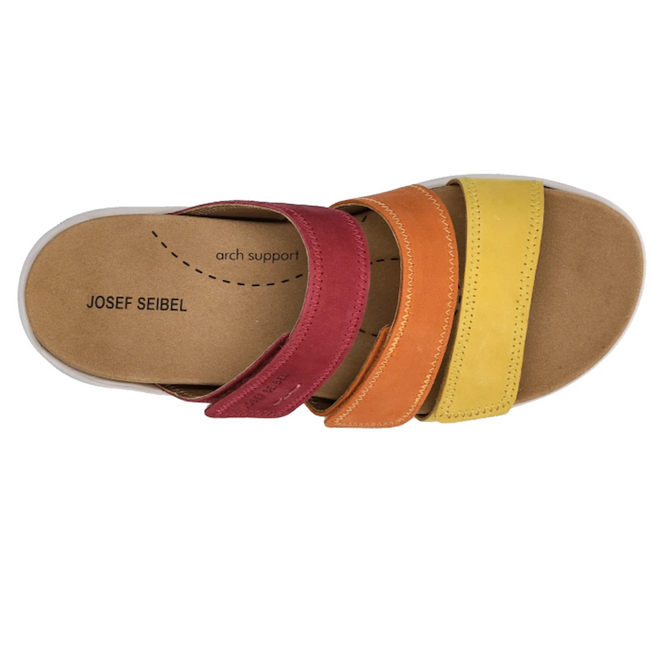 The Josef Seibel Estelle 11 Womens 3 Strap Leather Slide in Amber Multi features three nubuck leather straps in red, orange, and yellow, a tan footbed with the JOSEF SEIBEL logo, and built-in arch support—delivering vibrant comfort and style perfect for sunny days., 4062838995039, 4062838995046, 4062838995053, 4062838995060, 4062838995077, 4062838995084