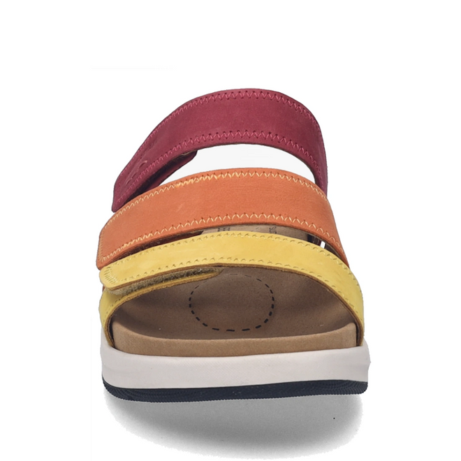 Front view of the Josef Seibel Estelle 11 Womens 3 Strap Leather Slide in Amber Multi, showcasing three horizontal straps in vibrant red, orange, and yellow nubuck leather, a tan stitched footbed, and a white sole with a black bottom edge., 4062838995039, 4062838995046, 4062838995053, 4062838995060, 4062838995077, 4062838995084