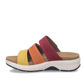The Josef Seibel Estelle 11 Womens 3 Strap Leather Slide in Amber Multi are easy slip-on sandals with three wide, vibrant straps in yellow, orange, and red nubuck leather. They feature a cushioned tan insole for all-day comfort and rest on a thick white sole with a slight heel and black tread., 4062838995039, 4062838995046, 4062838995053, 4062838995060, 4062838995077, 4062838995084