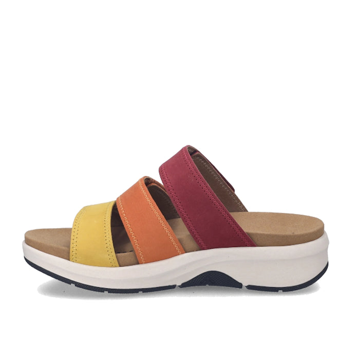The Josef Seibel Estelle 11 Womens 3 Strap Leather Slide in Amber Multi are easy slip-on sandals with three wide, vibrant straps in yellow, orange, and red nubuck leather. They feature a cushioned tan insole for all-day comfort and rest on a thick white sole with a slight heel and black tread., 4062838995039, 4062838995046, 4062838995053, 4062838995060, 4062838995077, 4062838995084