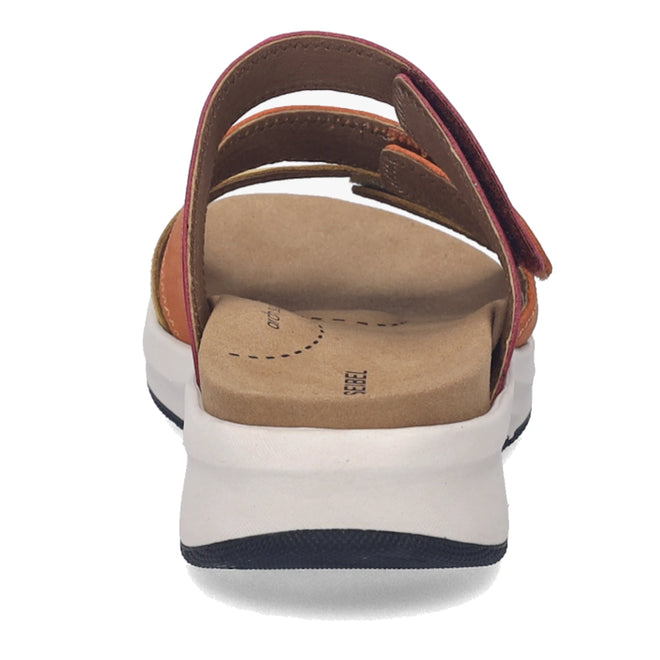 A close-up rear view of the Josef Seibel Estelle 11 Womens 3 Strap Leather Slide in Amber Multi features a beige cushioned insole, stylish amber multi-color nubuck leather straps, and a thick white sole with a black bottom., 4062838995039, 4062838995046, 4062838995053, 4062838995060, 4062838995077, 4062838995084