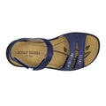 The Josef Seibel Ibiza 86 Women’s Leather Comfort Sandal in Ocean Blue features a tan footbed, two front straps with silver embellishments, and a backstrap with hook-and-loop closure—making it an ideal choice for those seeking stylish and comfortable women’s sandals., 53181, 4062838863307, 4062838863314, 4062838863321, 53185, 53186