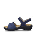 A single Josef Seibel Ibiza 86 Women’s Leather Comfort Sandal in Ocean Blue, featuring a low black wedge heel, open toe, two front straps, and an ankle strap, displayed on a white background., 53181, 4062838863307, 4062838863314, 4062838863321, 53185, 53186