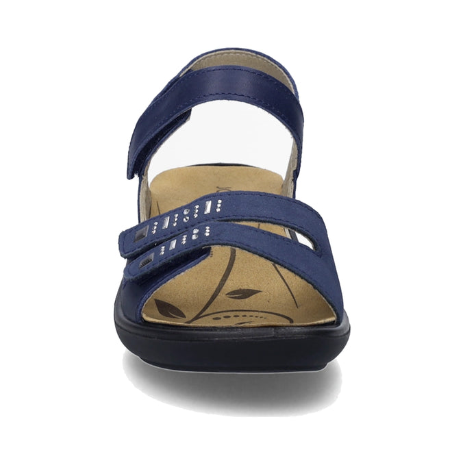 Front view of the Josef Seibel Ibiza 86 Women’s Leather Comfort Sandal in Ocean Blue, featuring two adjustable straps with silver studs and a tan cushioned insole adorned with a decorative leaf pattern. The sandal is finished with a low black sole., 53181, 4062838863307, 4062838863314, 4062838863321, 53185, 53186