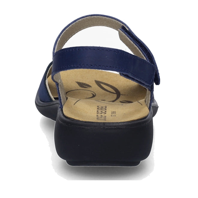 Rear view of the Josef Seibel Ibiza 86 Womens Leather Comfort Sandal in Ocean Blue, featuring a beige insole with leaf designs, a black sole, and an adjustable heel strap, shown against a white background., 53181, 4062838863307, 4062838863314, 4062838863321, 53185, 53186