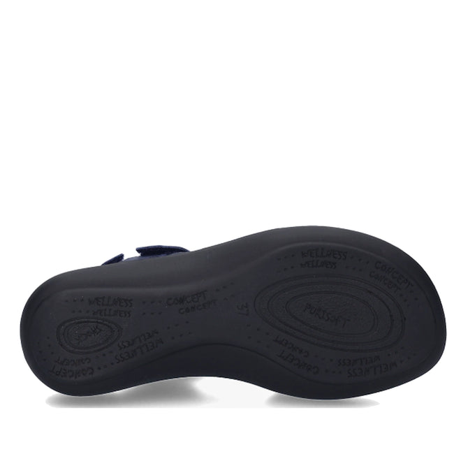 The image shows the black rubber sole of a shoe, viewed from the bottom. The sole features swirl patterns and words like WELLNESS, COMFORT, and FLEXIBILITY embossed across it, characteristic of JOSEF SEIBEL craftsmanship. This distinctive sole can be found on styles such as the Josef Seibel Ibiza 86 Women’s Leather Comfort Sandal in Ocean Blue., 53181, 4062838863307, 4062838863314, 4062838863321, 53185, 53186