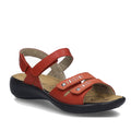The Josef Seibel Ibiza 86 Women’s Leather Comfort Sandal in Rot Red features two velcro straps adorned with silver accents, a slingback strap, a cushioned tan insole, and a black low wedge sole—making it an ideal choice for stylish women’s sandals.