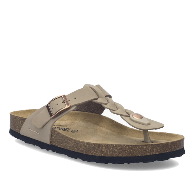 The Josef Seibel Hermine 15 Comfort Jandal Beige Kombi features a beige cork footbed, braided leather strap with metallic accent, an adjustable side buckle, and a black textured sole. These women’s sandals also include a comfortable toe loop for added style and support.