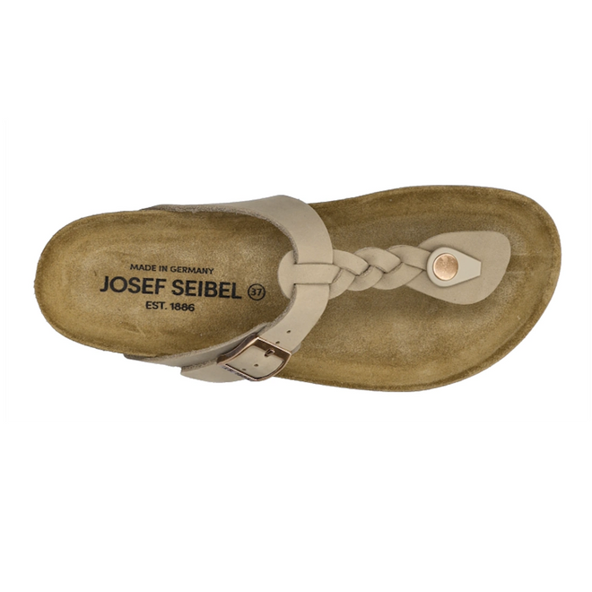 A single Josef Seibel Hermine 15 Comfort Jandal in beige kombi, featuring a braided leather strap, an adjustable buckle, and a supportive cork footbed. “Josef Seibel” and “Made in Germany” are printed on the insole., 53218, 53219, 4062838986846, 4062838986853, 4062838986860, 4062838986877, 53224