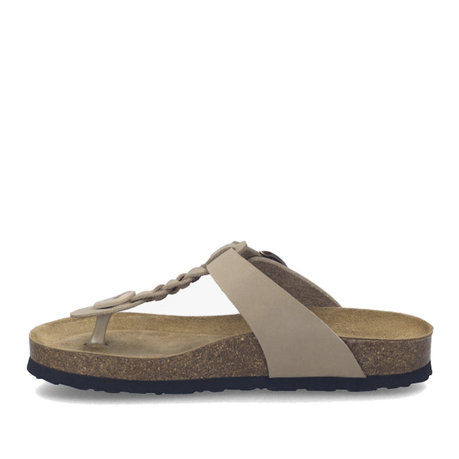 The Josef Seibel Hermine 15 Comfort Jandal Beige Kombi features a beige thong sandal design with a braided leather strap, cushioned cork footbed, and durable black rubber sole, displayed in side profile against a white background—an elegant choice among women’s beige sandals crafted for everyday comfort., 53218, 53219, 4062838986846, 4062838986853, 4062838986860, 4062838986877, 53224