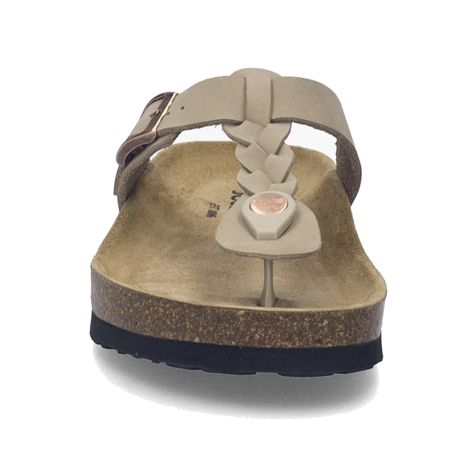 Front view of the Josef Seibel Hermine 15 Comfort Jandal in Beige Kombi, featuring a braided leather strap, toe post, cork footbed, and black rubber sole. A small metallic buckle is visible on the side strap, making these comfort jandals both stylish and comfortable., 53218, 53219, 4062838986846, 4062838986853, 4062838986860, 4062838986877, 53224