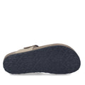The Josef Seibel Hermine 15 Comfort Jandal in Beige Kombi is shown with the sole facing up, highlighting its dark, textured tread pattern. The sandal features a thick base and a partially visible braided leather strap as the beige upper., 53218, 53219, 4062838986846, 4062838986853, 4062838986860, 4062838986877, 53224