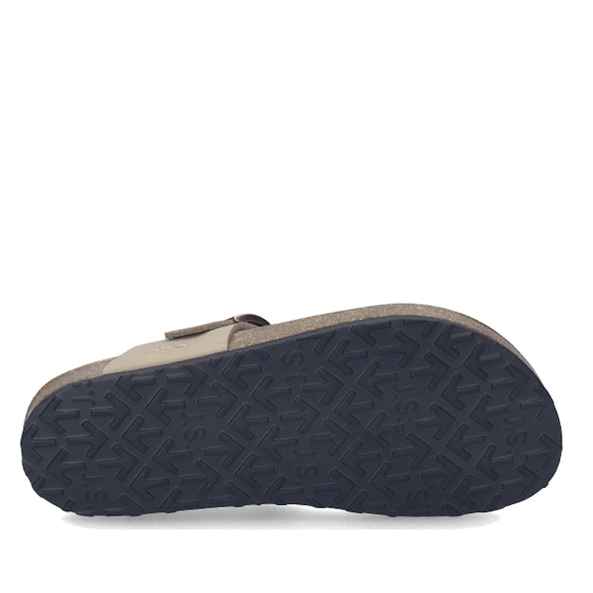 The Josef Seibel Hermine 15 Comfort Jandal in Beige Kombi is shown with the sole facing up, highlighting its dark, textured tread pattern. The sandal features a thick base and a partially visible braided leather strap as the beige upper., 53218, 53219, 4062838986846, 4062838986853, 4062838986860, 4062838986877, 53224