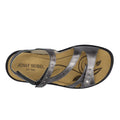 A top view of the Josef Seibel Ibiza 70 Womens Leather Comfort Sandal Anthrazit Pewter showcases a metallic finish with three straps, decorative stitching, and a velcro closure. The tan insole features the Josef Seibel logo along with an elegant leaf pattern print., 53175, 4062838861907, 4062838861914, 4062838861921, 53179, 53180