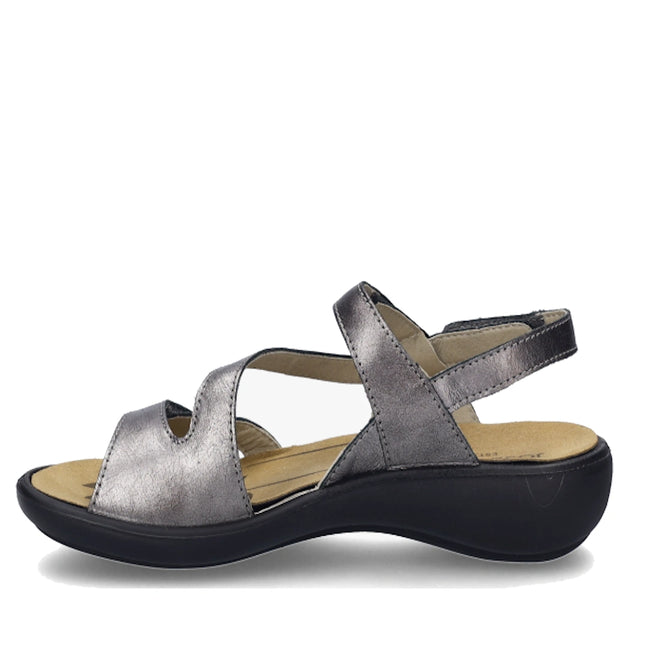 A women’s sandal in anthrazit pewter, the Josef Seibel Ibiza 70 Leather Comfort Sandal features a metallic gray finish, open toe, cut-out sides, an adjustable ankle strap, a cushioned beige insole, and a black slightly elevated sole., 53175, 4062838861907, 4062838861914, 4062838861921, 53179, 53180
