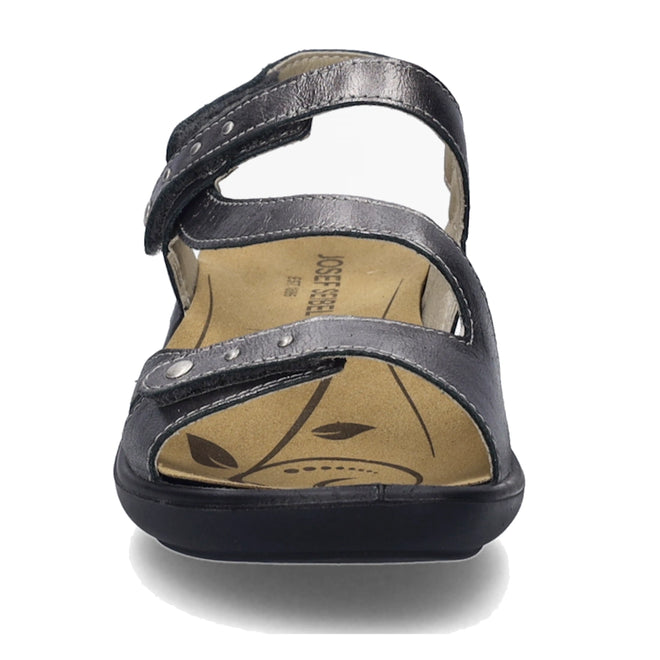 Front view of the Josef Seibel Ibiza 70 Womens Leather Comfort Sandal in Anthrazit Pewter, showcasing two adjustable straps, a tan insole with leaf patterns, and a black sole. This women’s sandal is designed for comfort and offers a simple, casual style., 53175, 4062838861907, 4062838861914, 4062838861921, 53179, 53180