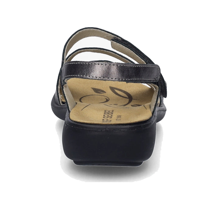 A rear view of the Josef Seibel Ibiza 70 Womens Leather Comfort Sandal in Anthrazit Pewter highlights its open heel, dual straps, and cushioned leaf-patterned insole. The thick, slightly elevated sole showcases the comfort and style characteristic of Josef Seibel’s women’s sandals., 53175, 4062838861907, 4062838861914, 4062838861921, 53179, 53180