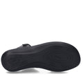 The image displays the bottom view of a black women’s sandal—specifically, the Josef Seibel Ibiza 70 Womens Leather Comfort Sandal in Anthrazit Pewter—with textured patterns and branding text such as “WELLNESS” and “COMFORT” printed on the sole for added grip and style., 53175, 4062838861907, 4062838861914, 4062838861921, 53179, 53180