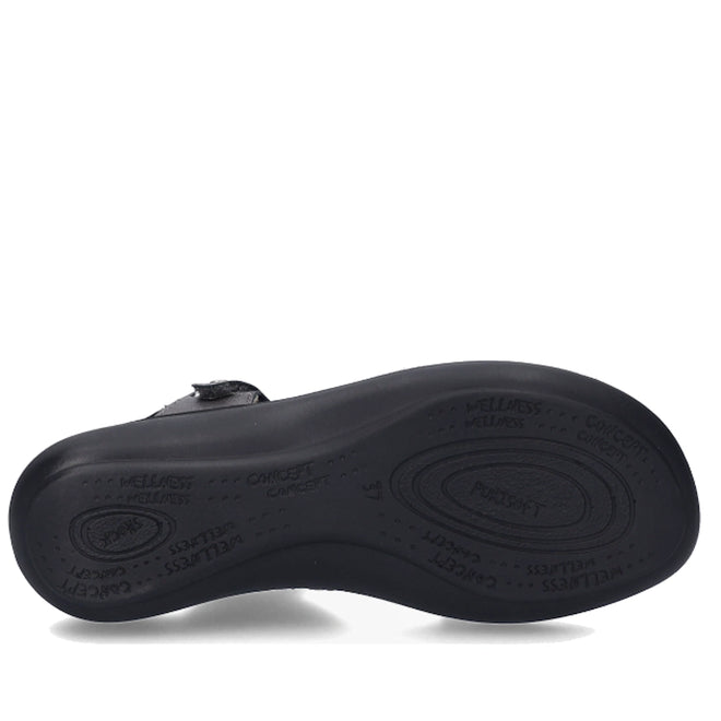 The image displays the bottom view of a black women’s sandal—specifically, the Josef Seibel Ibiza 70 Womens Leather Comfort Sandal in Anthrazit Pewter—with textured patterns and branding text such as “WELLNESS” and “COMFORT” printed on the sole for added grip and style., 53175, 4062838861907, 4062838861914, 4062838861921, 53179, 53180