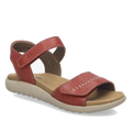 A single Josef Seibel Juliet 03 Womens Leather Comfort Sandal is shown in red leather with a beige sole, featuring a Velcro ankle strap and visible white stitching. This women’s sandal has an open toe and heel design, and is displayed on a plain white background.