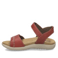 The Josef Seibel Juliet 03 Womens Leather Comfort Sandal is a bold red leather sandal accented with white stitching, showcasing an open toe and an ankle strap secured by a convenient hook-and-loop closure. As one of this season’s standout women’s sandals, it features a beige cushioned footbed and a light tan rubber sole to ensure all-day comfort. The sandal is presented in a left side profile view.